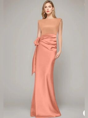 NWT Two-Tone Peach Satin Evening Gown with Side Bow